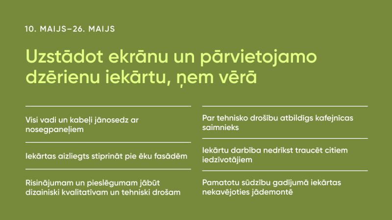 Uzstādot ekrānu un pārvietojamo dzērienu iekārtu ņem vērā